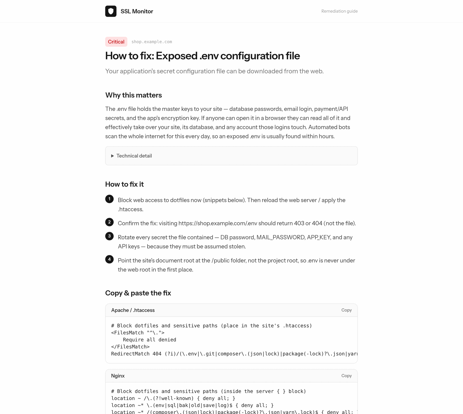 A remediation guide page showing how to fix an exposed .env file, with a plain-language explanation and copy-paste fixes for Apache and Nginx